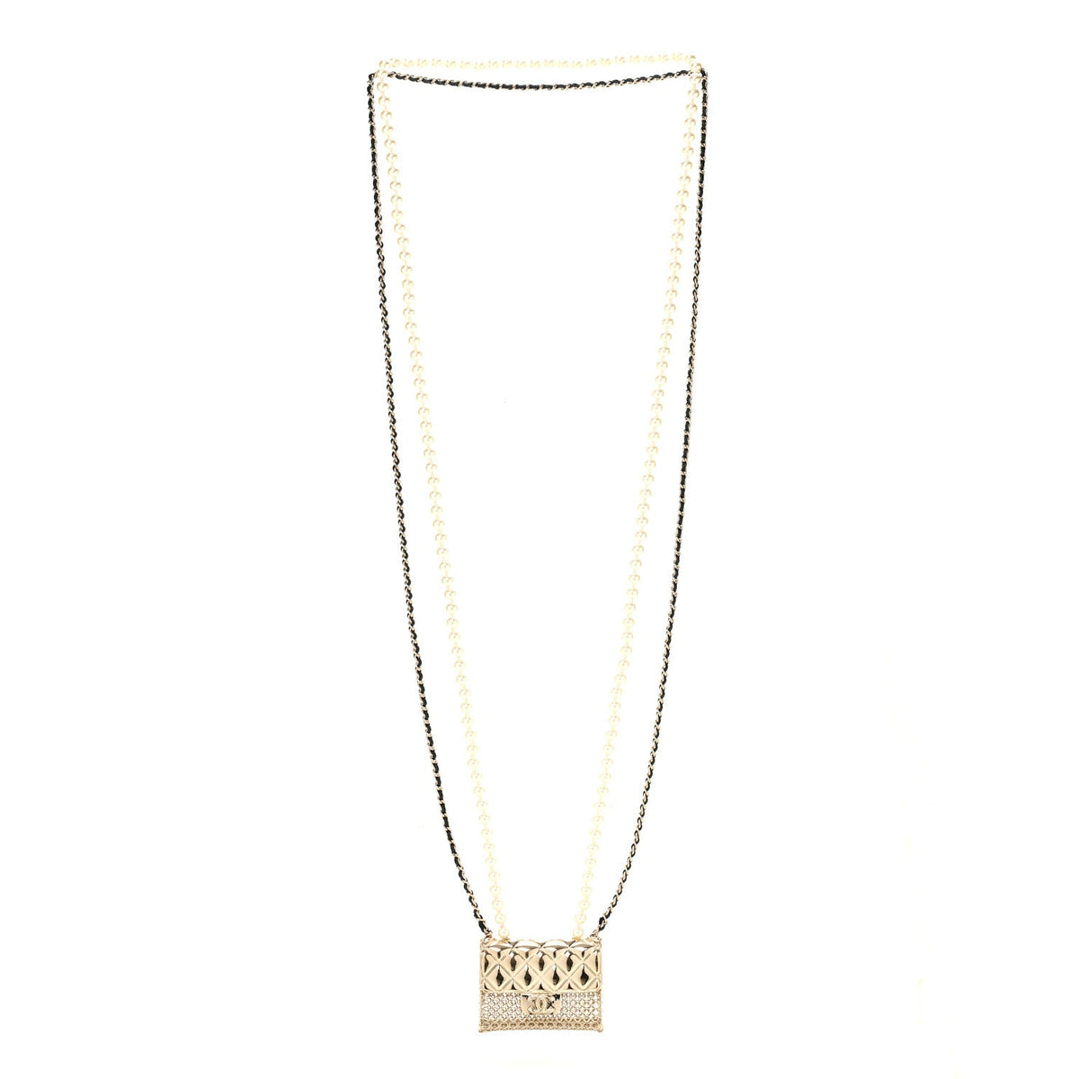 Metal Lambskin Pearl Chain Flap Bag Long Necklace Gold Black Pearly White
