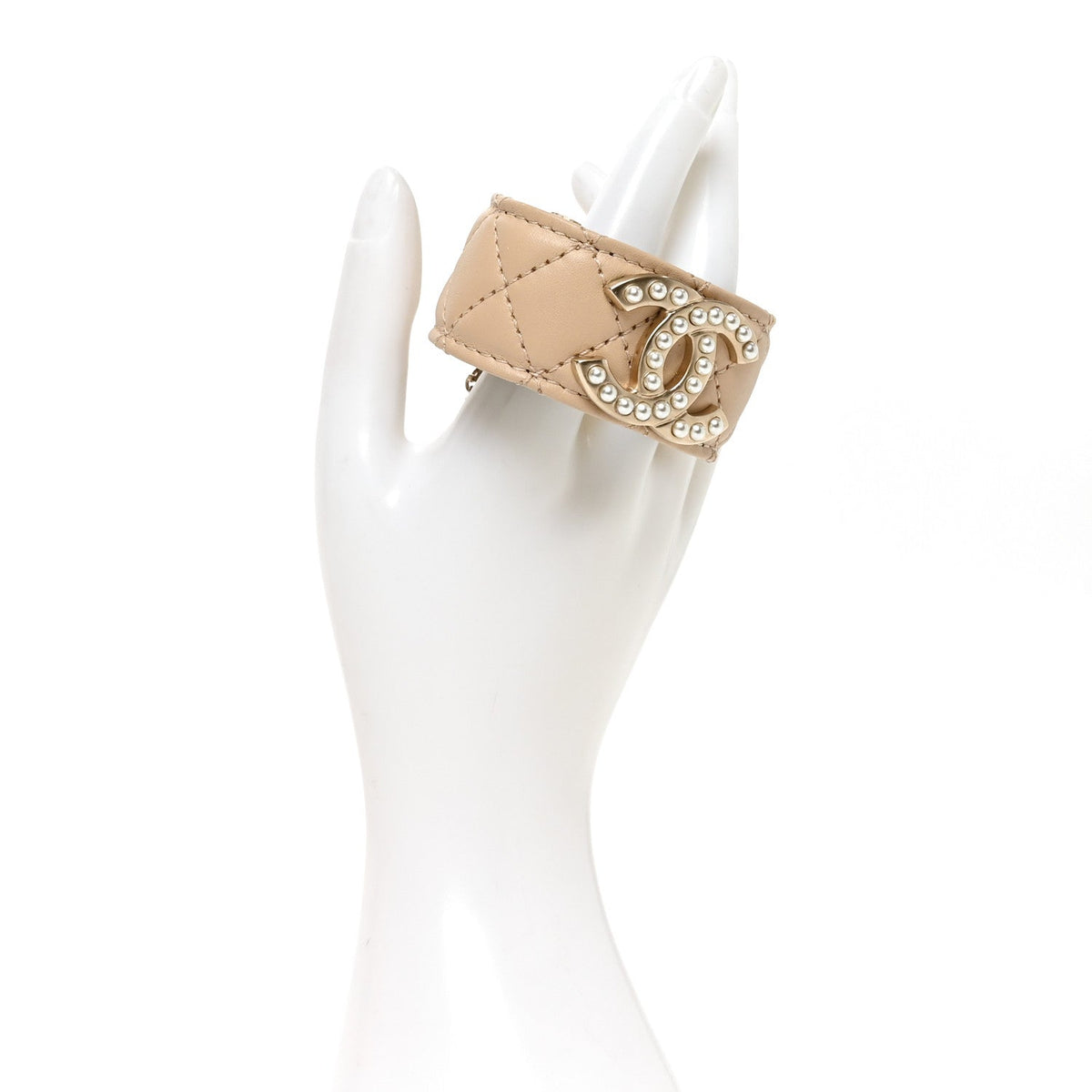 Lambskin Quilted Pearl CC Cuff Bracelet S Beige