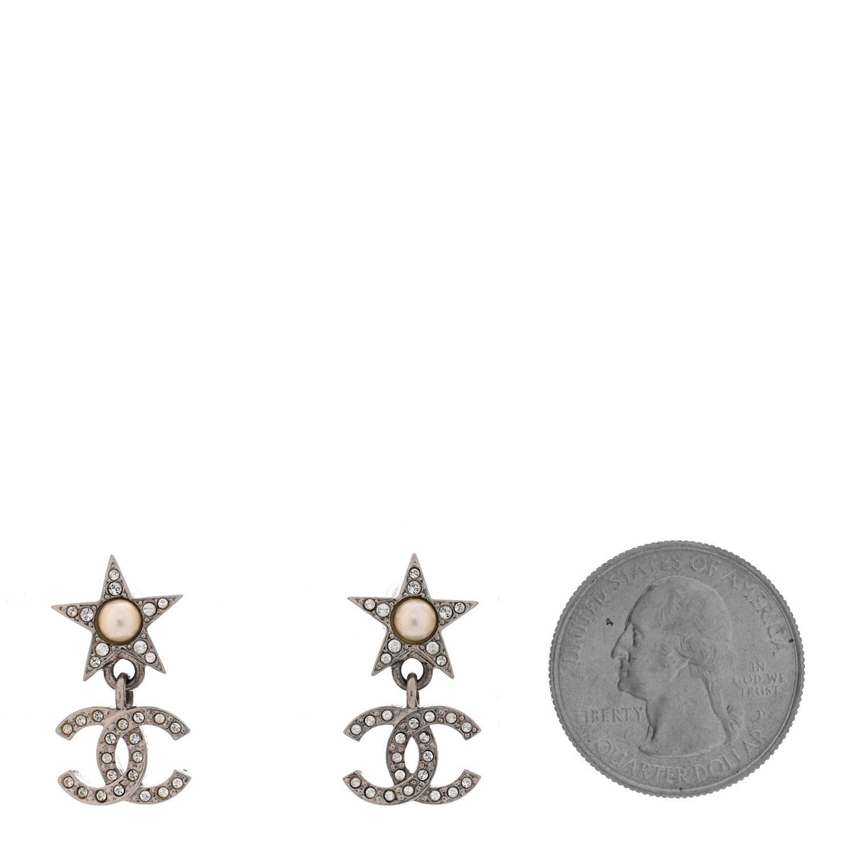Crystal CC Pearl Star Drop Earrings Silver