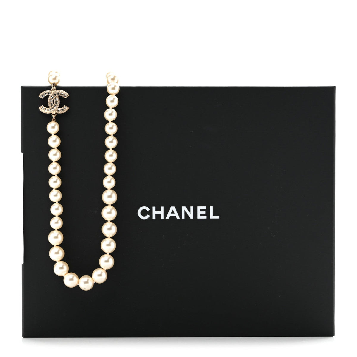 Pearl Baguette Crystal Long CC Necklace Gold