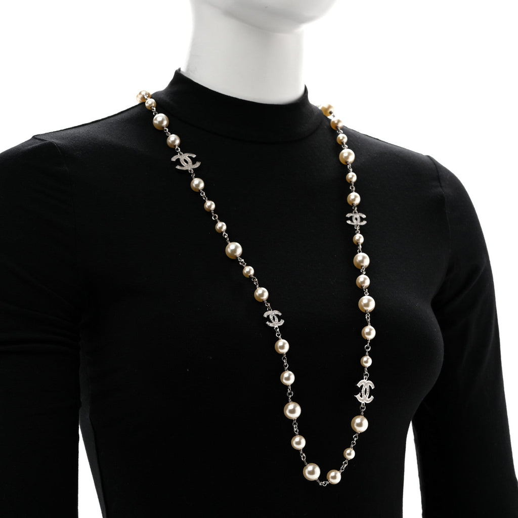 Graduated Pearl Crystal CC Long Necklace Silver