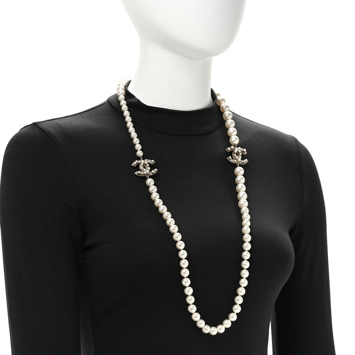 Crystal Pearl CC Long Necklace Gold