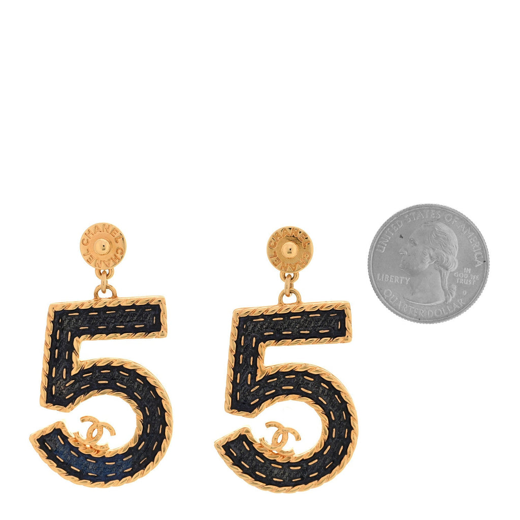 Metal Enamel CC No 5 Rope Drop Earrings Gold Denim Blue