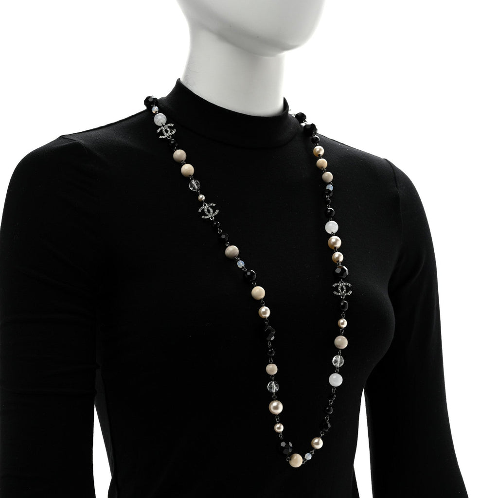 Pearl Crystal Bead CC Long Necklace Black Silver
