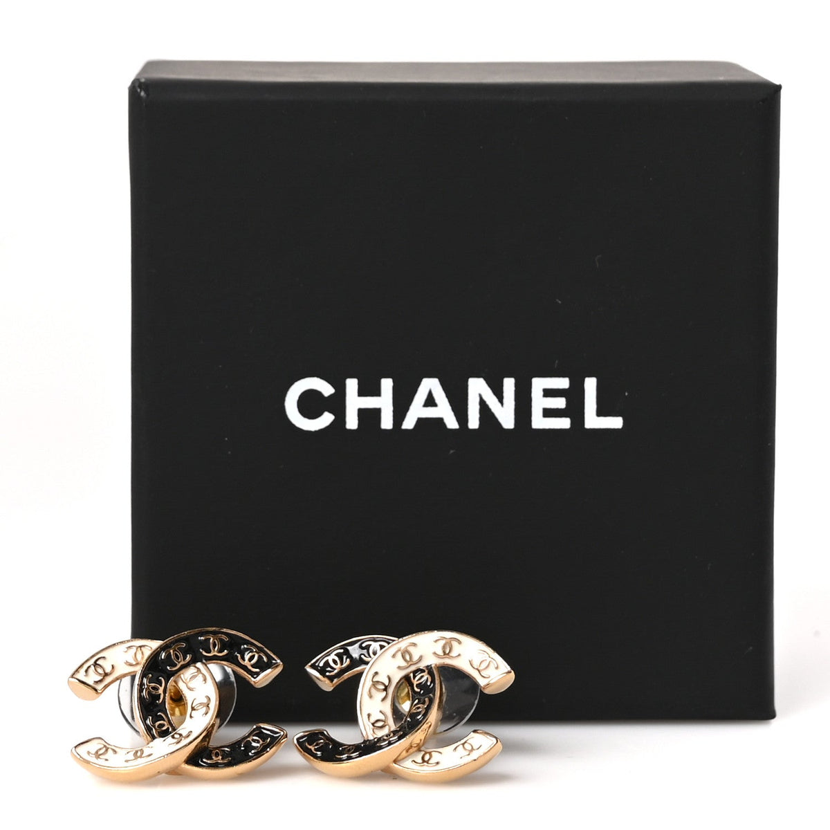 Enamel CC Logo Earrings Gold Black White
