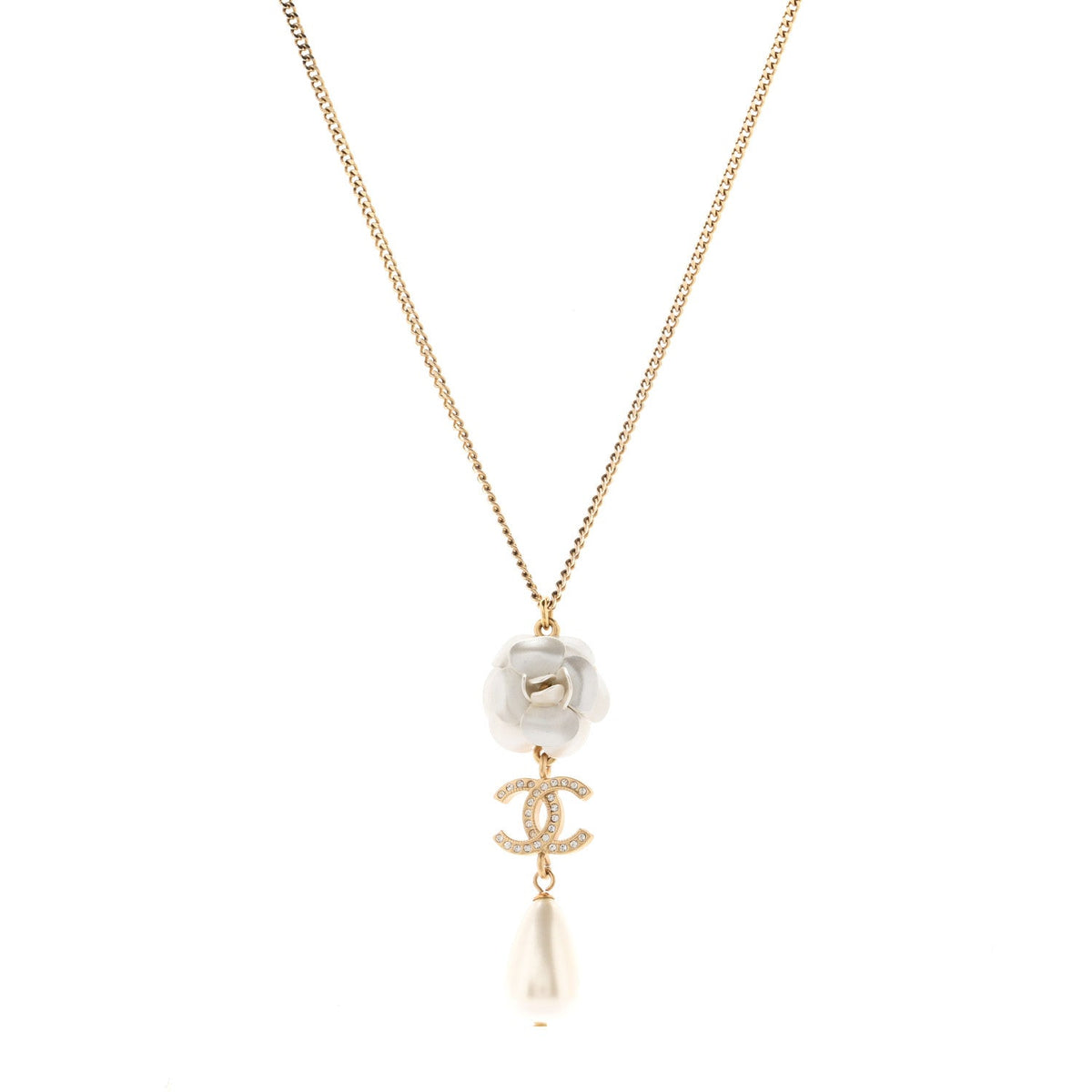 Metal Crystal Pearl 90s Camellia CC Drop Necklace Gold Pearly White