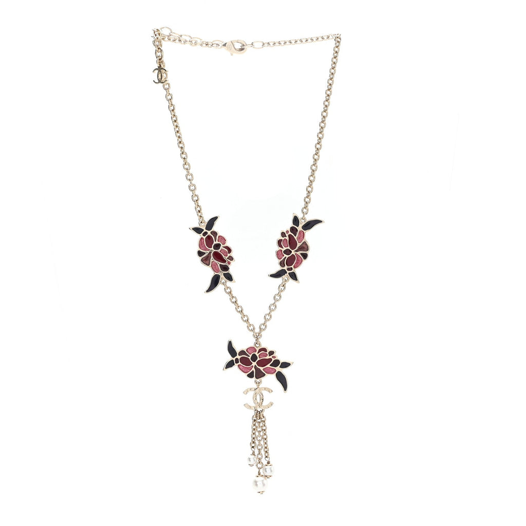 Resin Pearl Metal CC Camellia Necklace Pink Gold