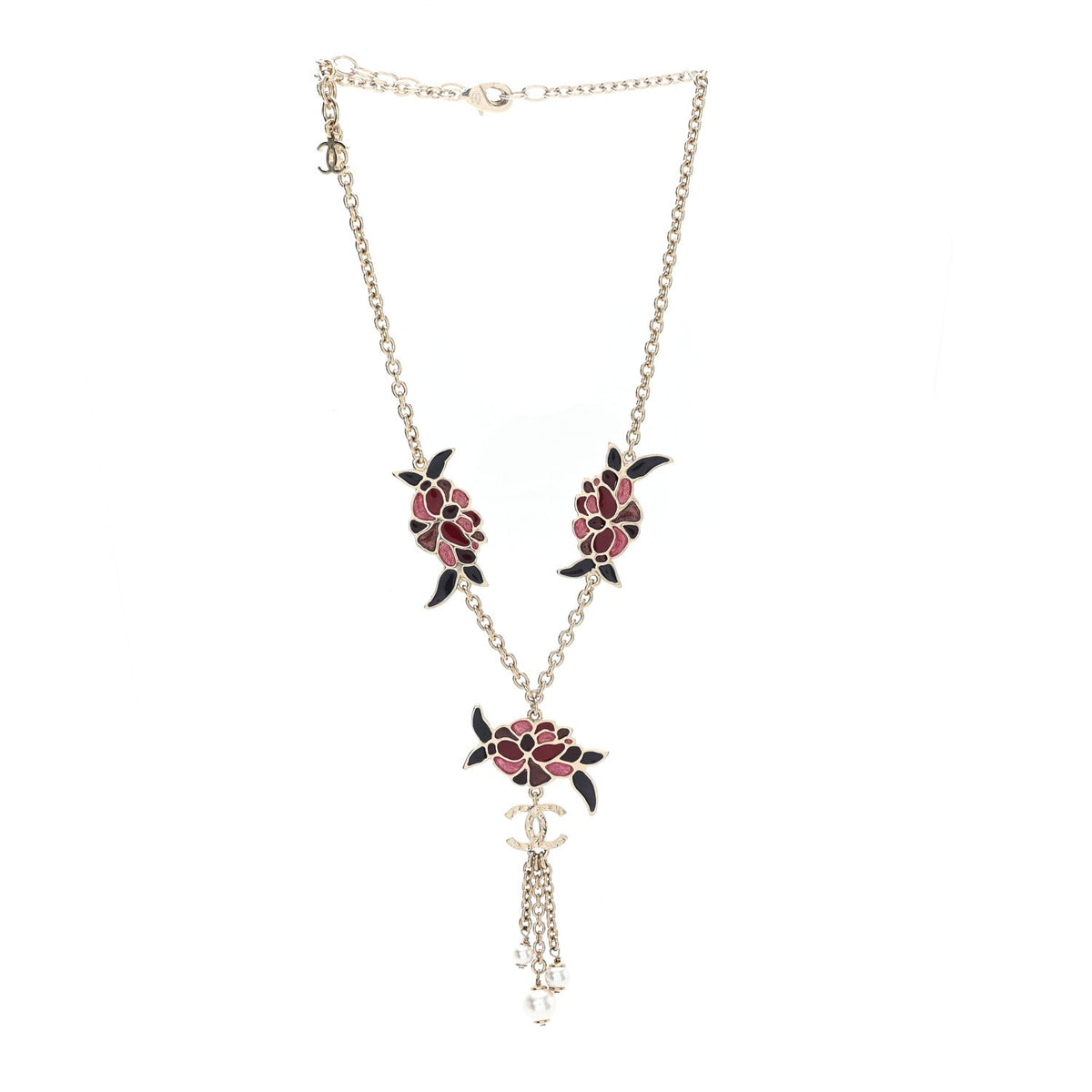 Resin Pearl Metal CC Camellia Necklace Pink Gold