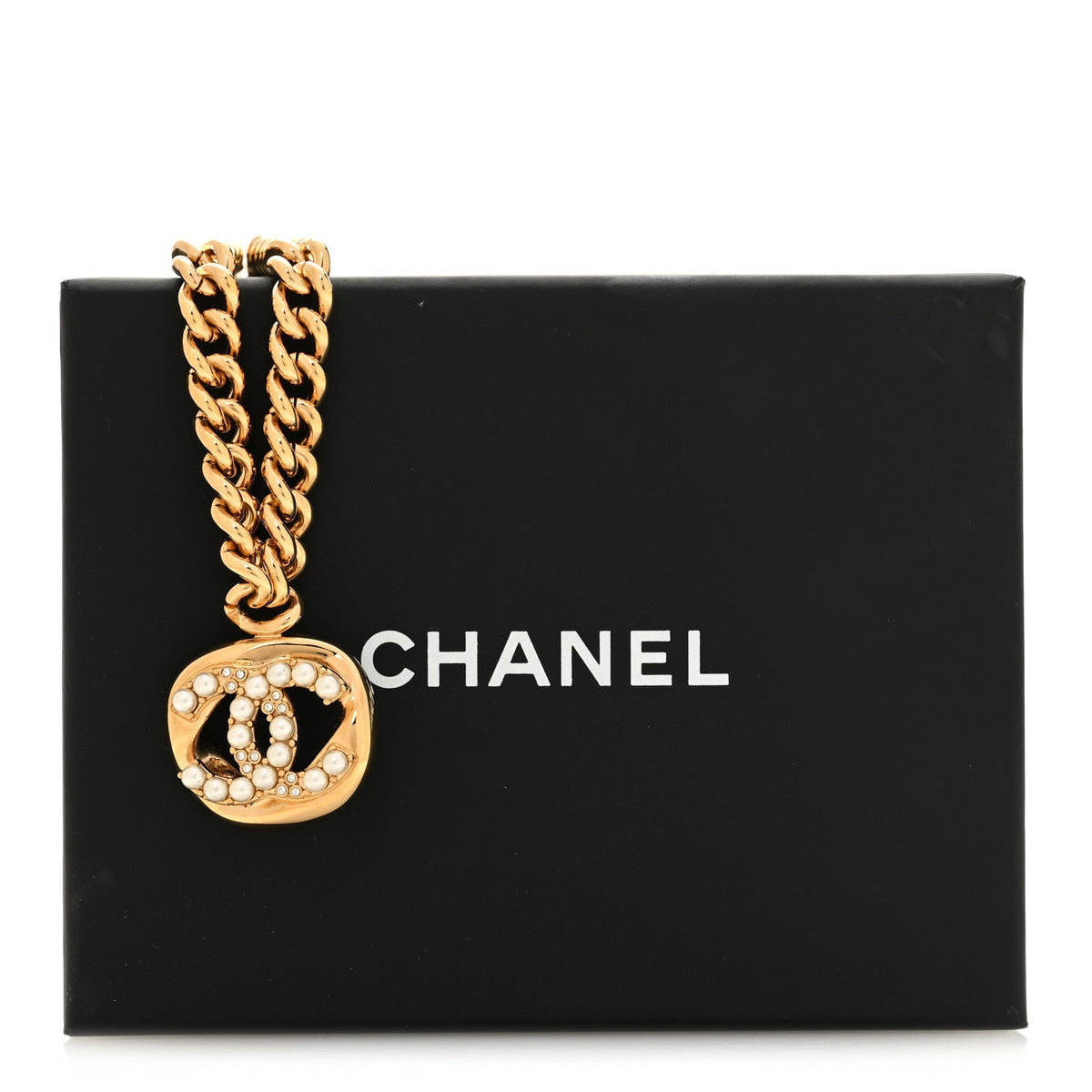Metal Crystal Pearl Chain Link CC Necklace Gold