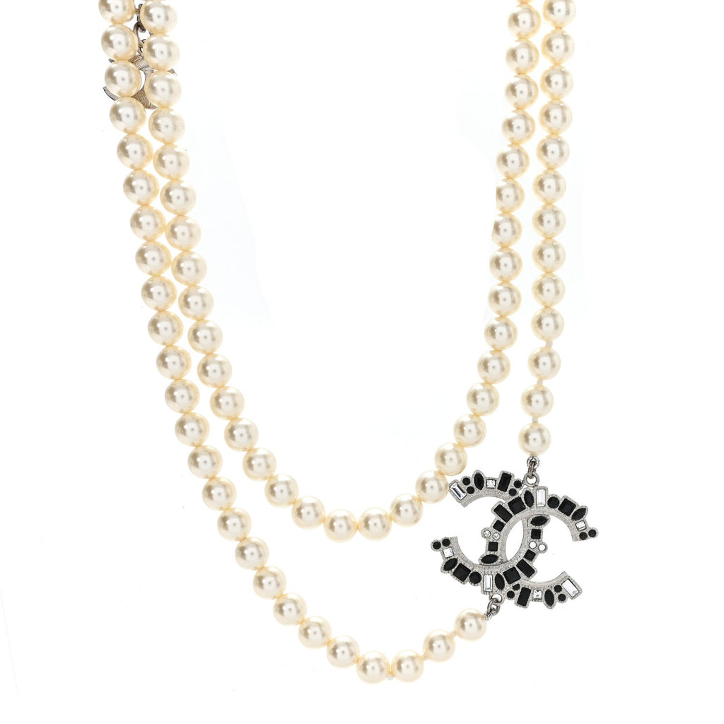 Pearl Bead Crystal CC Long Necklace White Silver Black