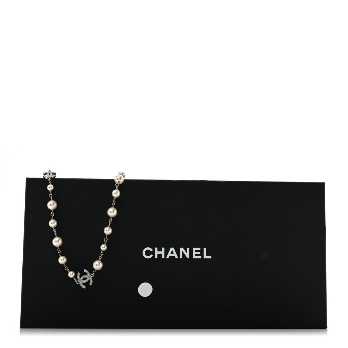 Graduated Pearl Crystal CC Long Necklace Silver