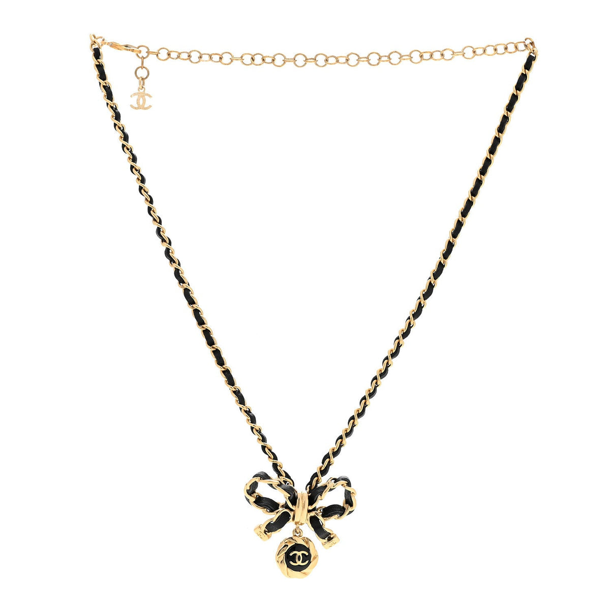 Metal Lambskin Chain CC Bow Necklace Black Gold