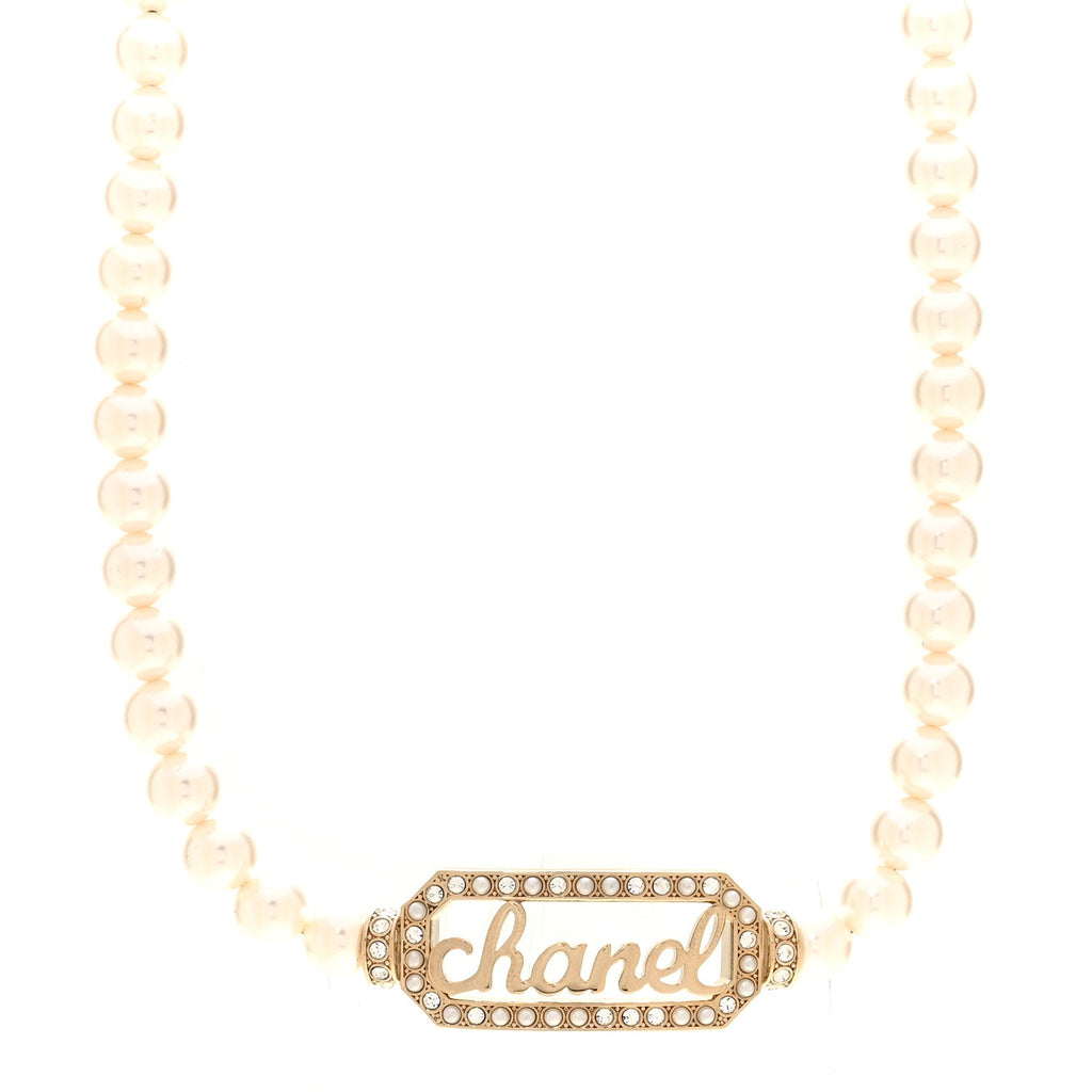 Pearl Crystal Logo Choker Gold Pearly White