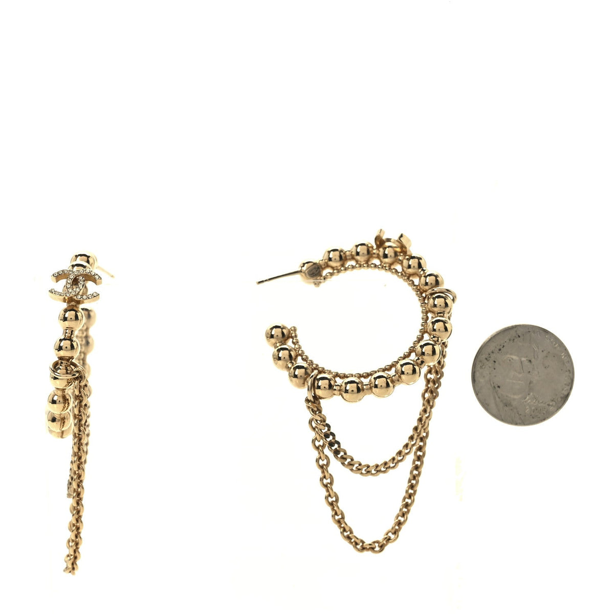 Metal Crystal Bead Chain CC Hoop Earrings Gold