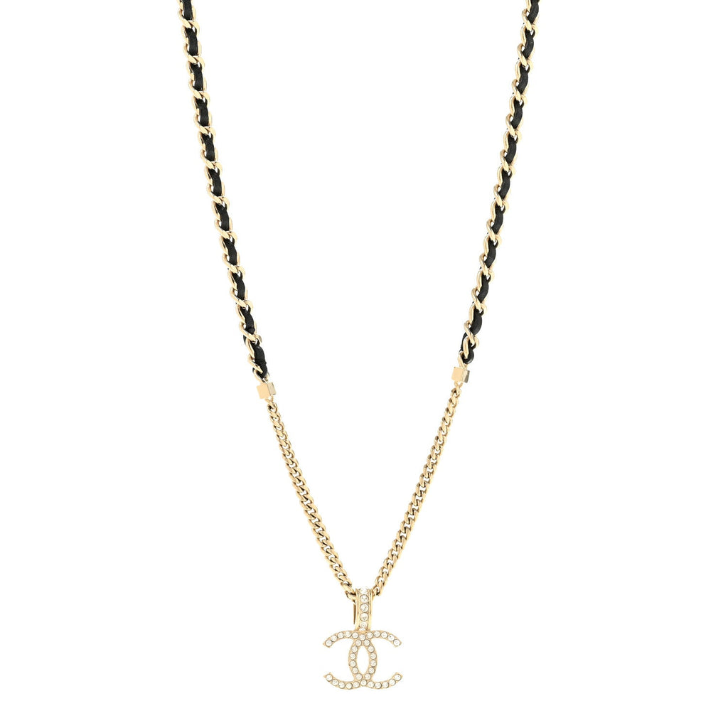 Lambskin Crystal CC Chain Pendant Necklace Black Gold