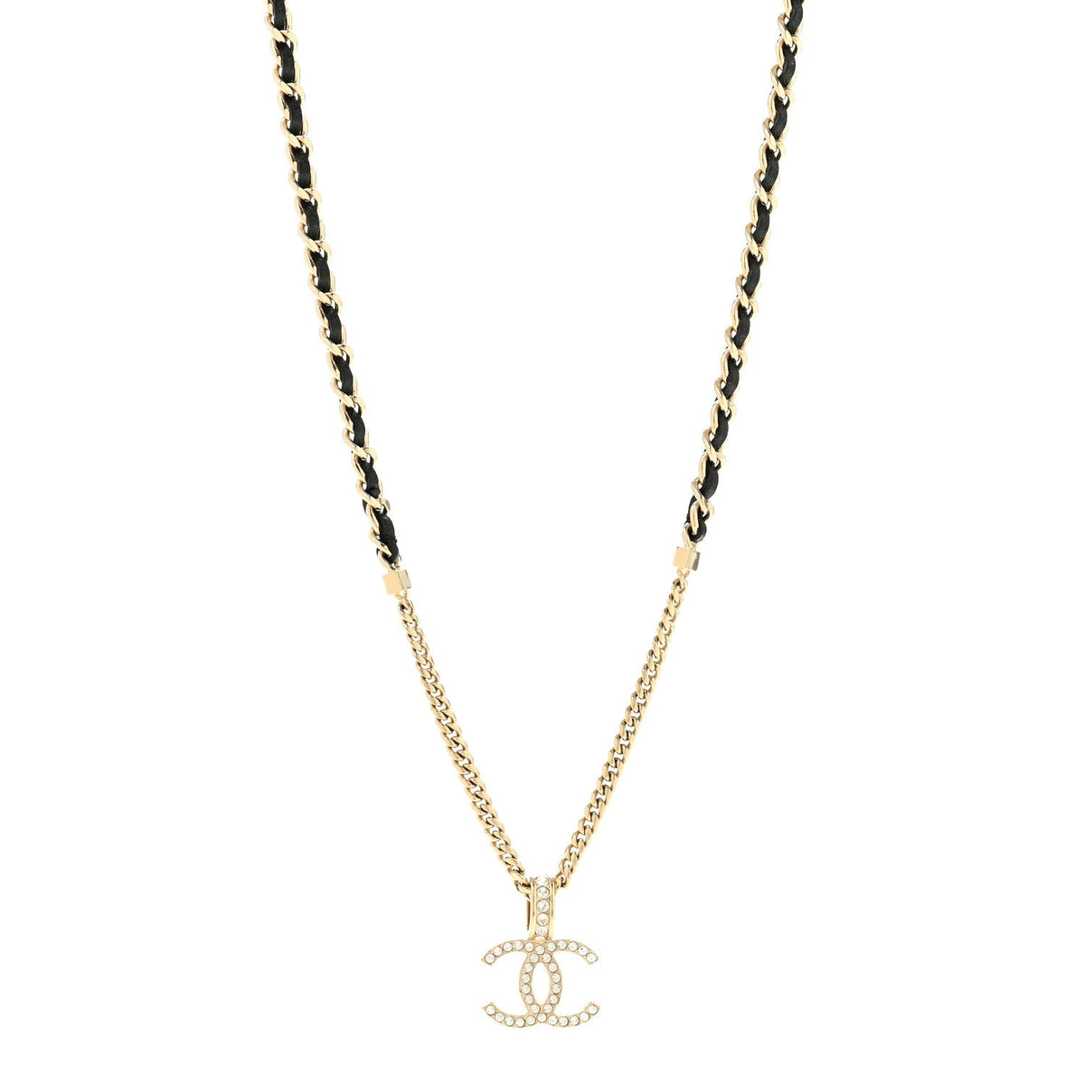 Lambskin Crystal CC Chain Pendant Necklace Black Gold