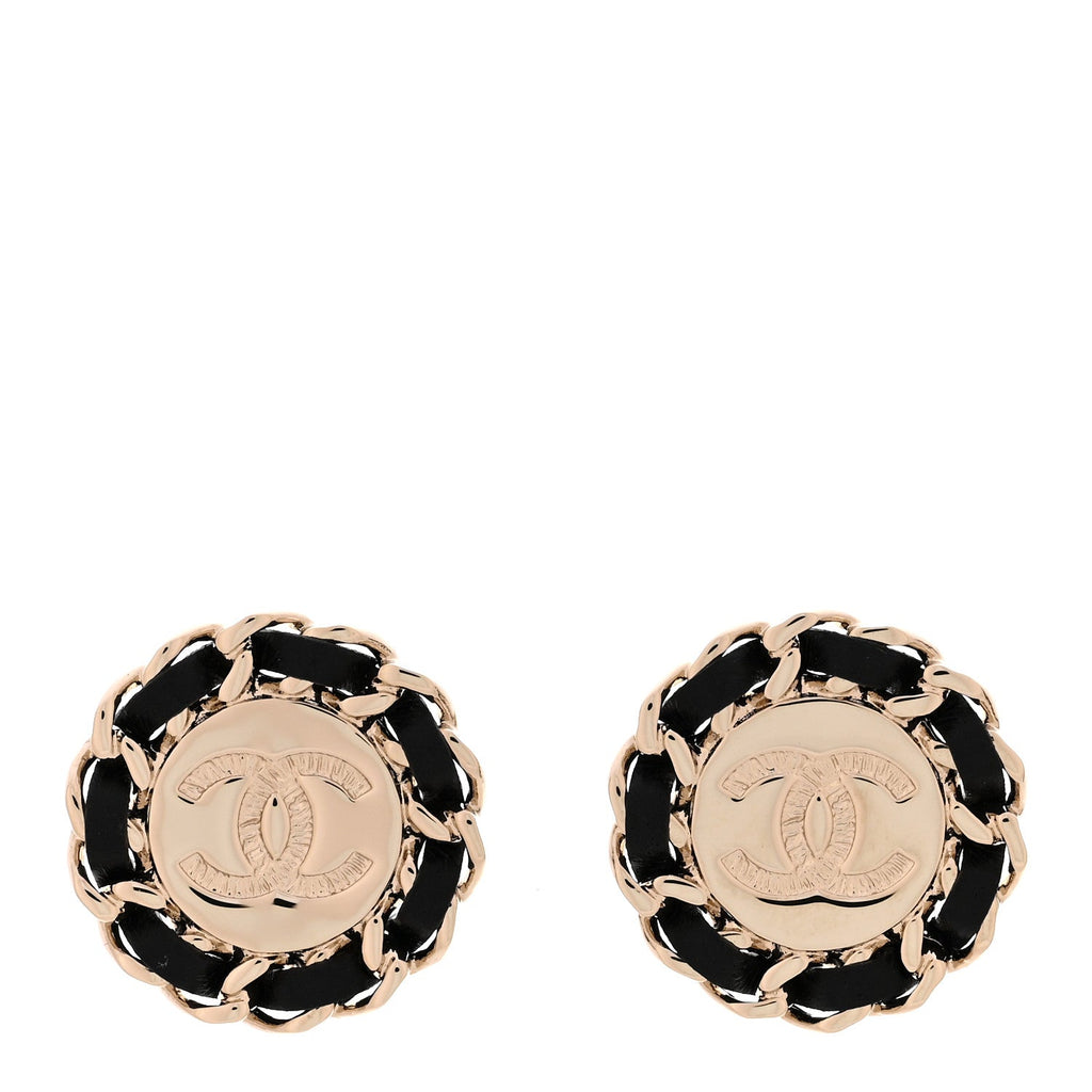 Crystal Lambskin Chain CC Stud Earrings Black Gold