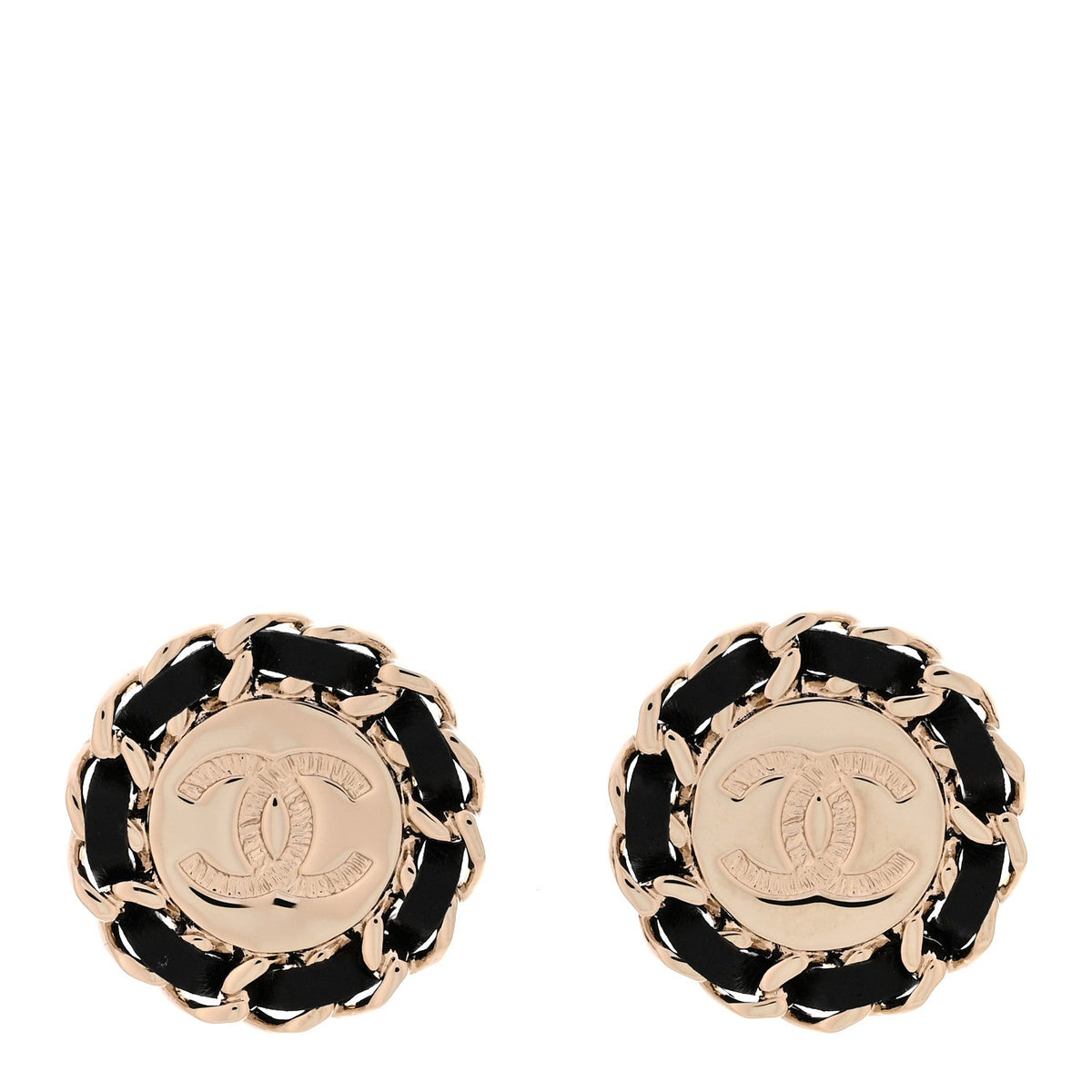 Crystal Lambskin Chain CC Stud Earrings Black Gold