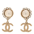 Metal Crystal Pearl CC Feather Earrings Gold