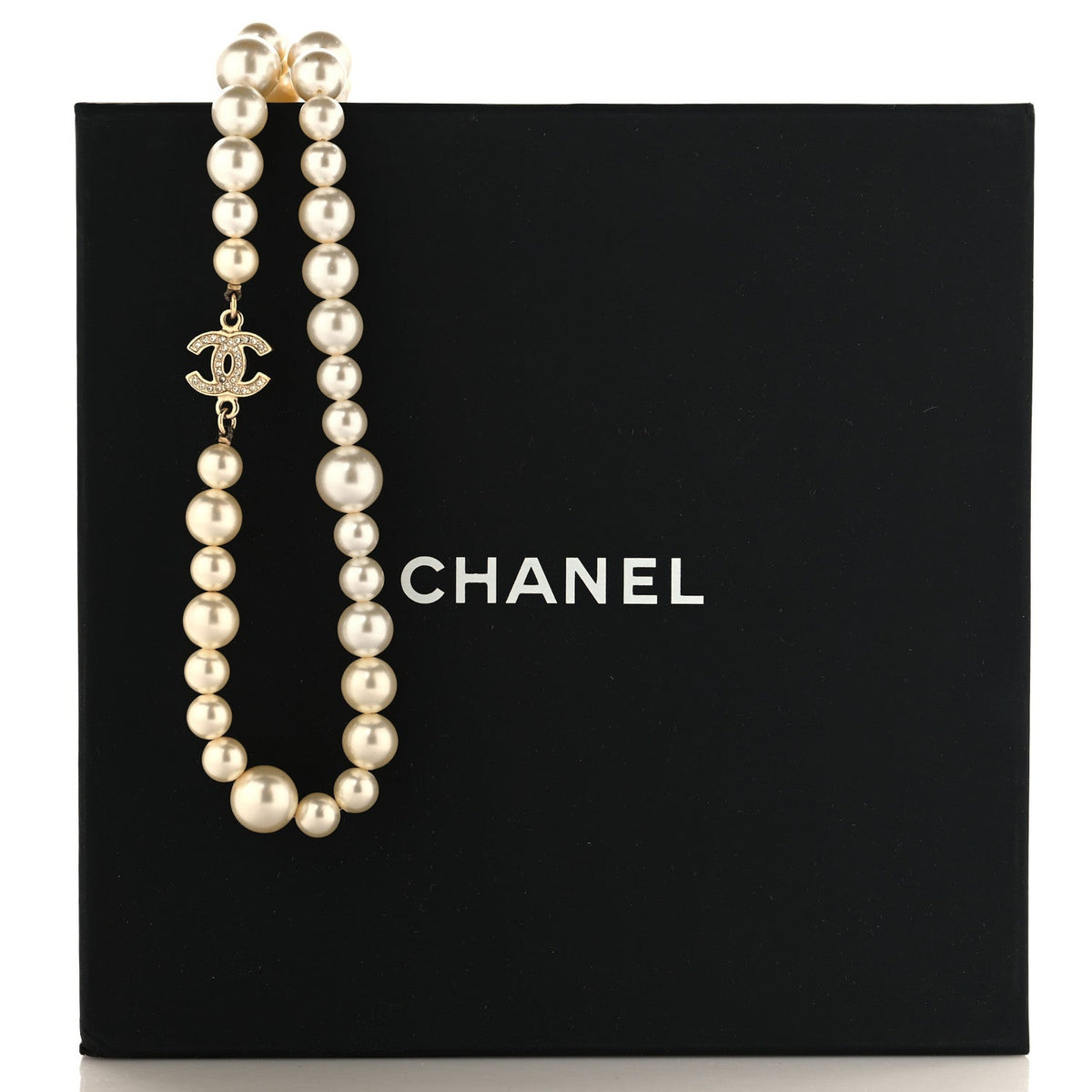 Crystal Pearl CC Long Necklace Gold
