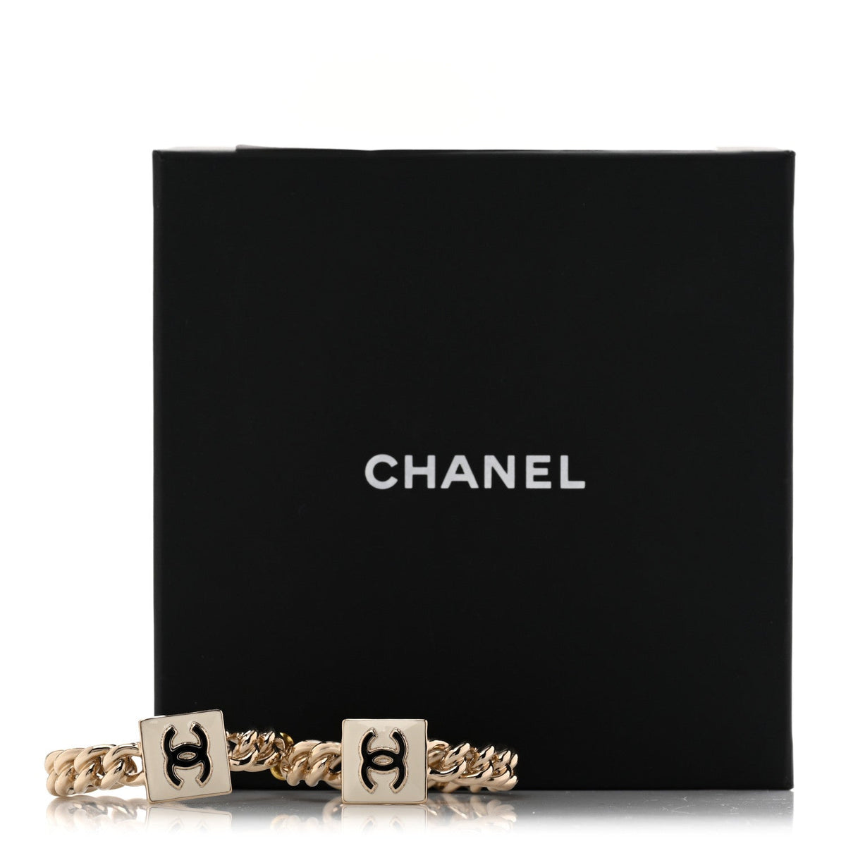 Metal Enamel CC Chain Hoop Earrings Gold Black White Gold Black