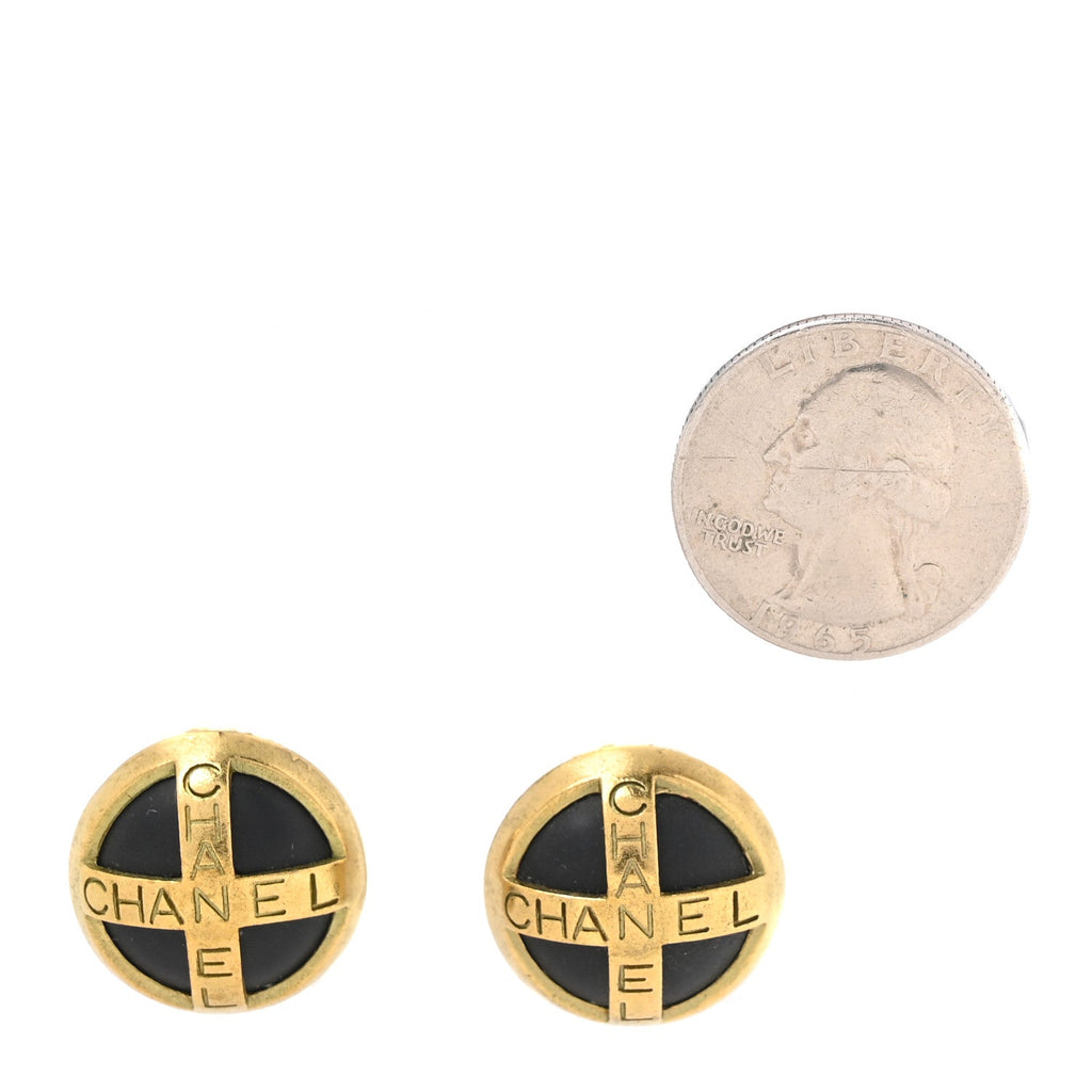 Enamel CC Logo Round Clip On Earrings Black Gold