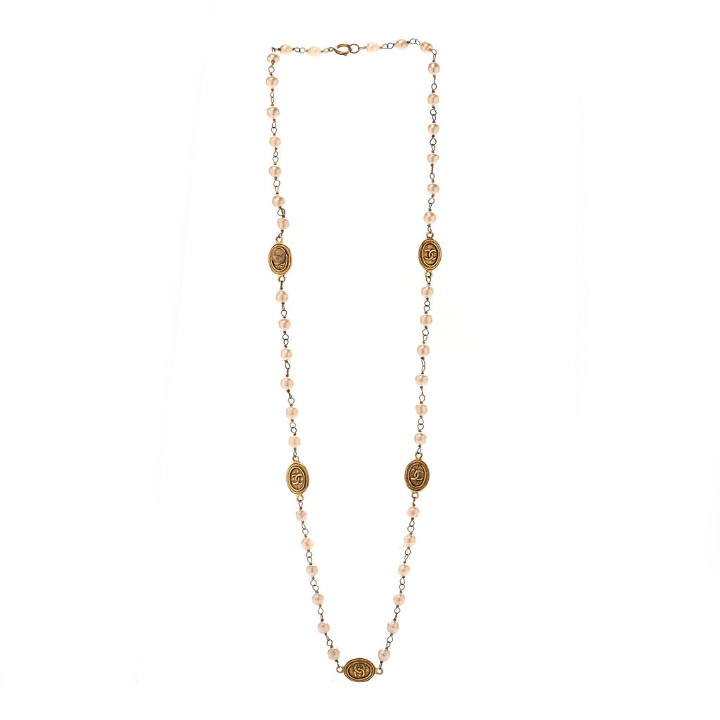 Pearl Medallion Long Necklace Gold