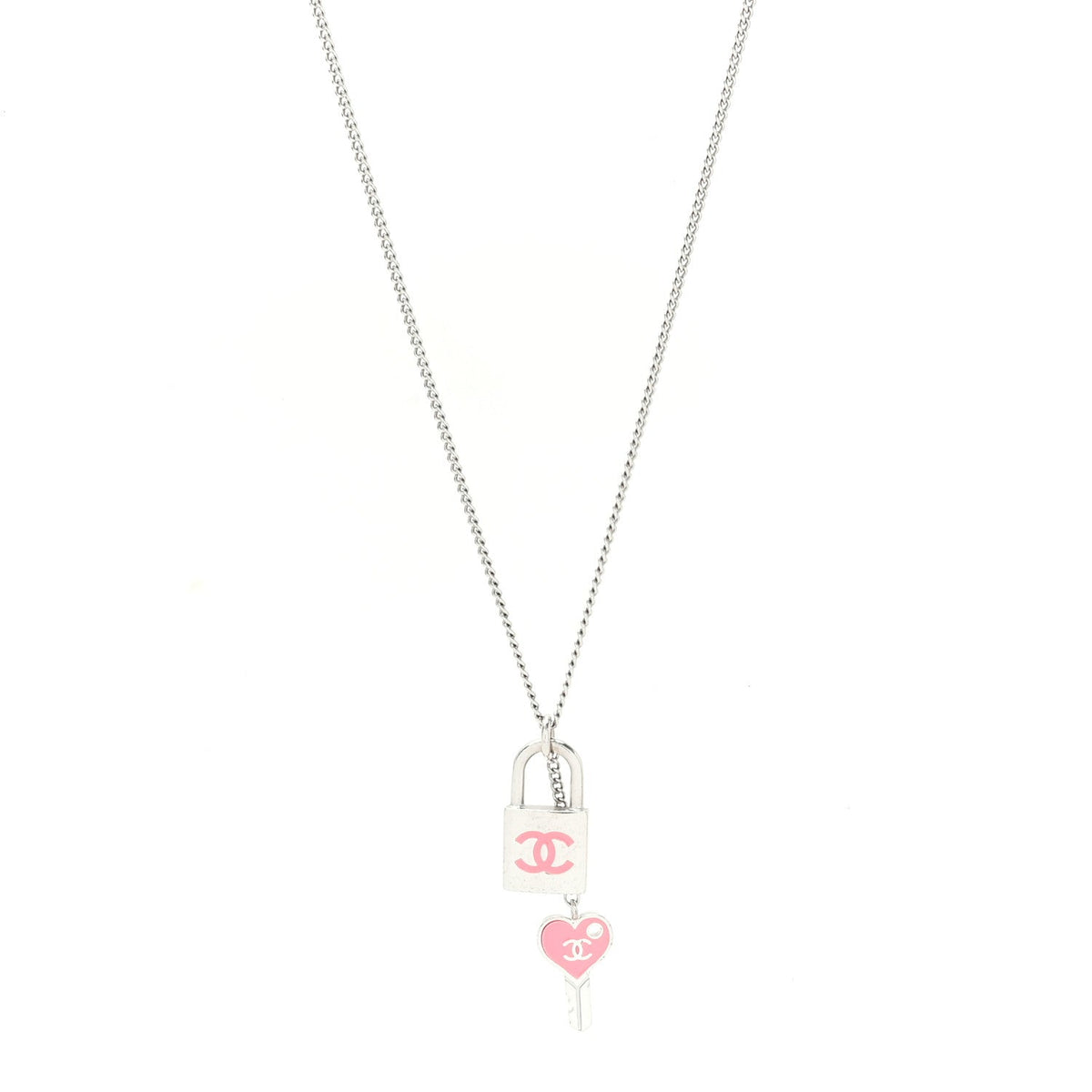 Enamel CC Padlock Heart Key Necklace  Silver Rose Salmon