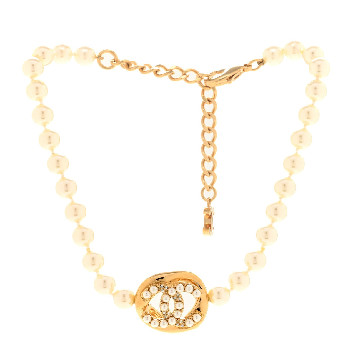 Pearl Crystal CC Logo Choker Gold White