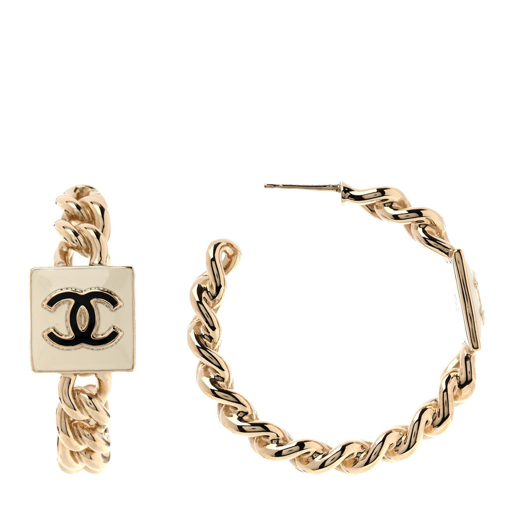 Metal Enamel CC Chain Hoop Earrings Gold Black White Gold Black
