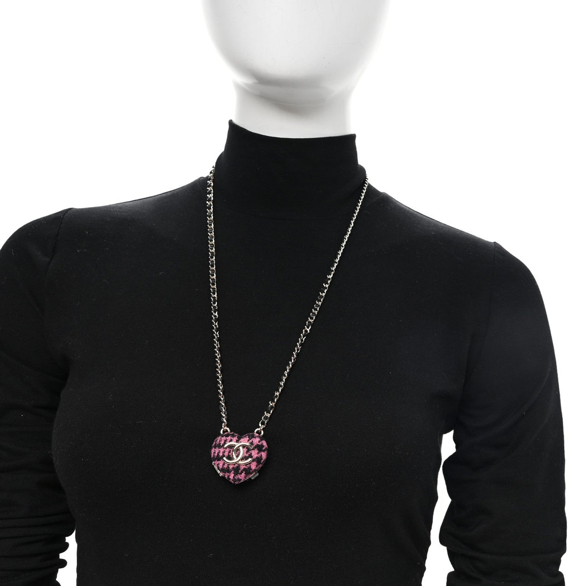 Tweed Lambskin CC Heart Locket Necklace  Gold Black Pink