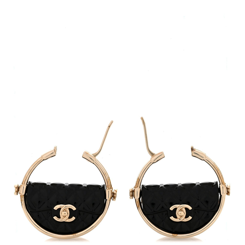 Metal Resin Quilted Flap Bag Hoop Earrings Black Gold