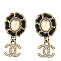 Pearl Lambskin Crystal CC Drop Earrings Gold White Black
