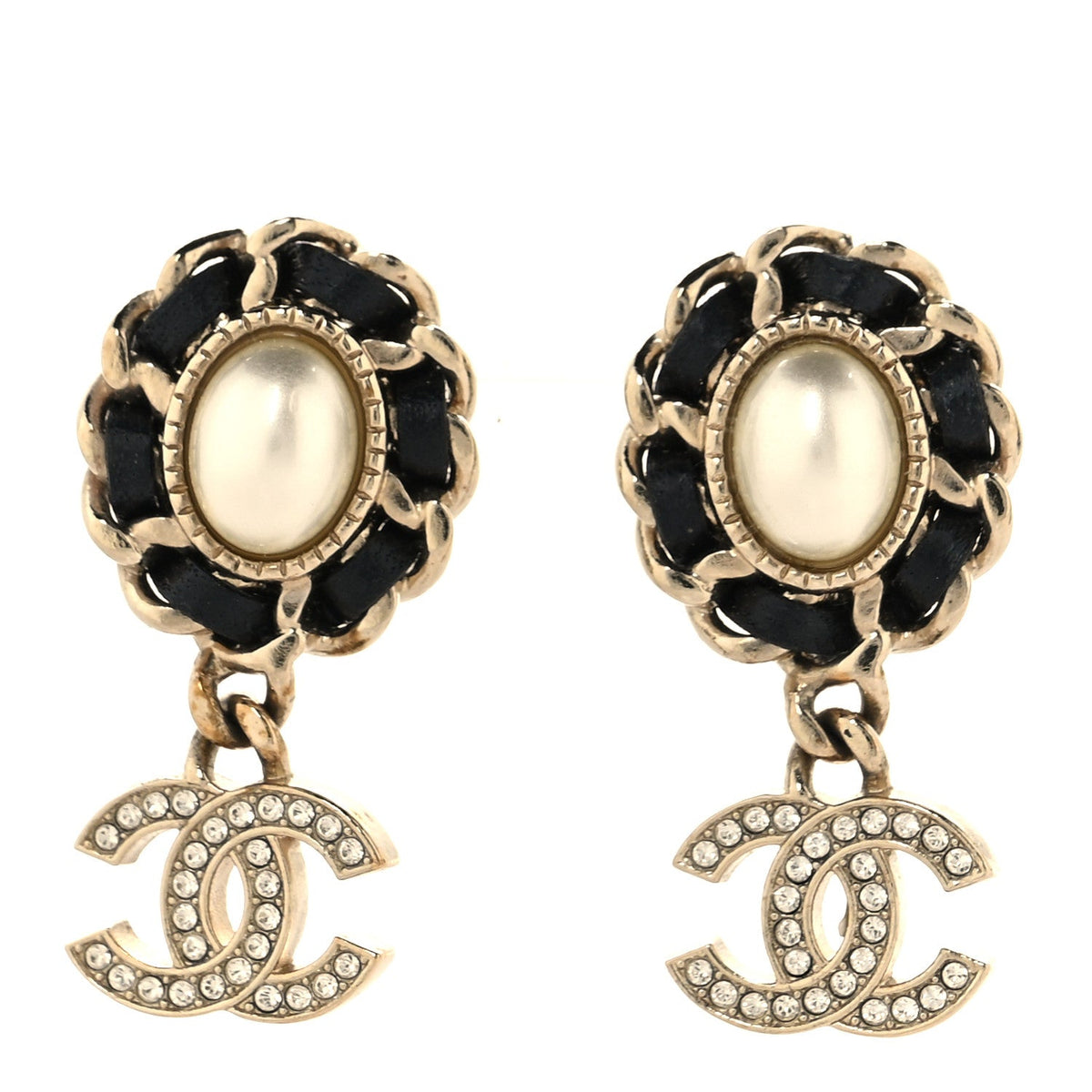 Pearl Lambskin Crystal CC Drop Earrings Gold White Black