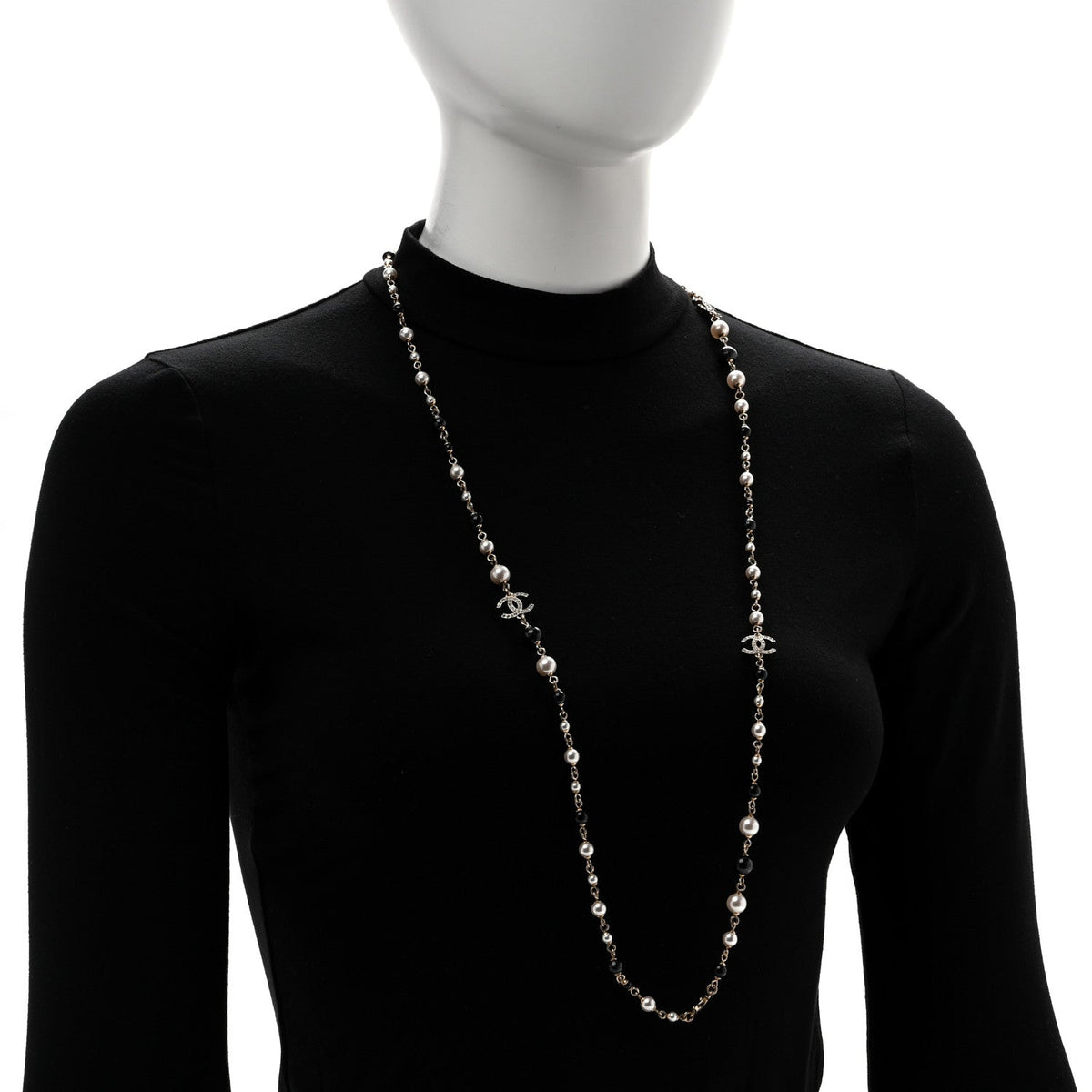 Pearl Bead Crystal CC Long Necklace Black Gold