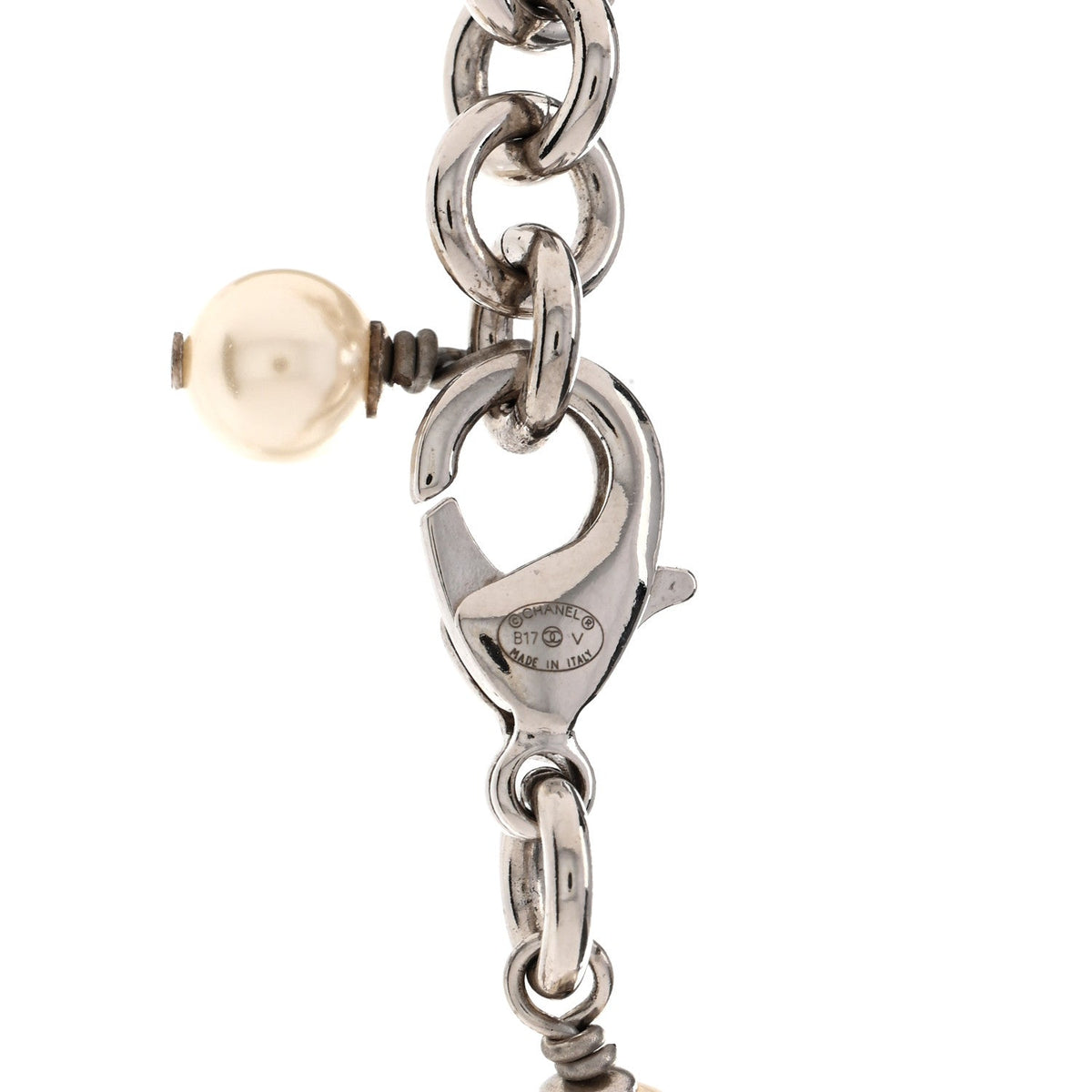 Graduated Pearl Crystal CC Long Necklace Silver