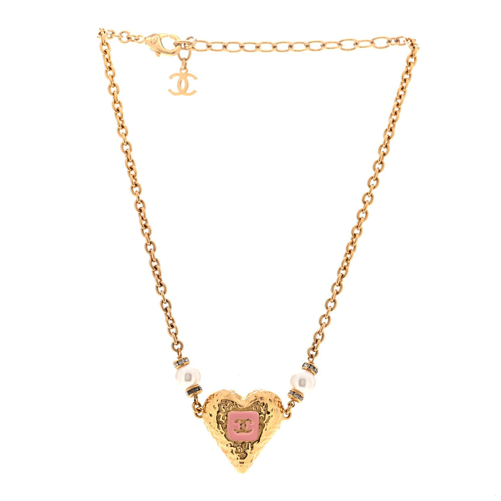 Resin Crystal Pearl Chain Heart CC Pendant Choker Necklace Pink White Gold