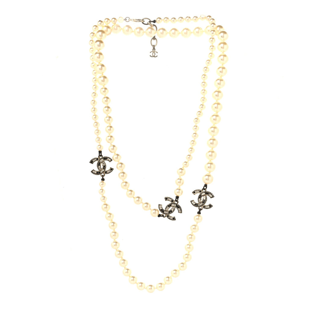 Graduated Pearl Crystal CC Long Necklace Gold Black