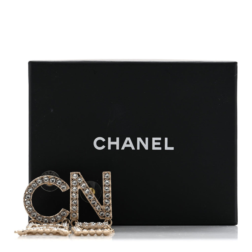 Crystal Cha-Nel Logo Drop Earrings Gold
