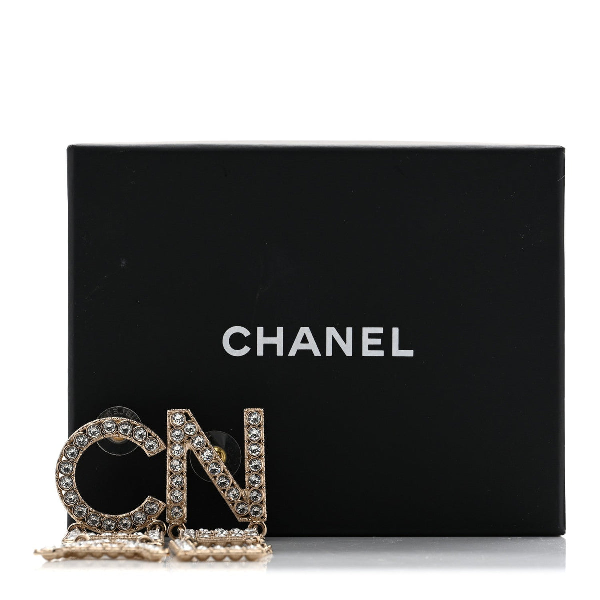 Crystal Cha-Nel Logo Drop Earrings Gold