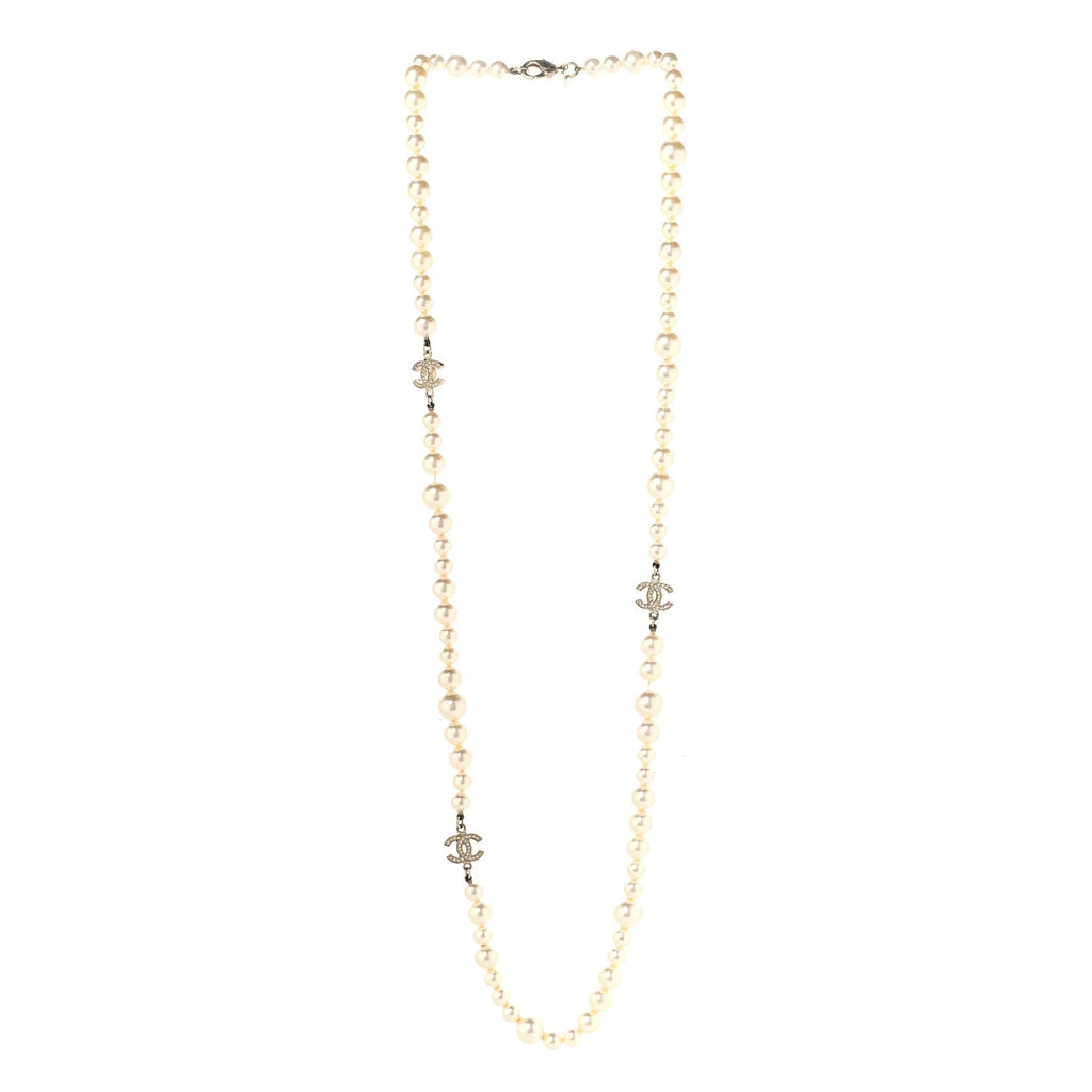 Crystal Pearl CC Long Necklace Gold