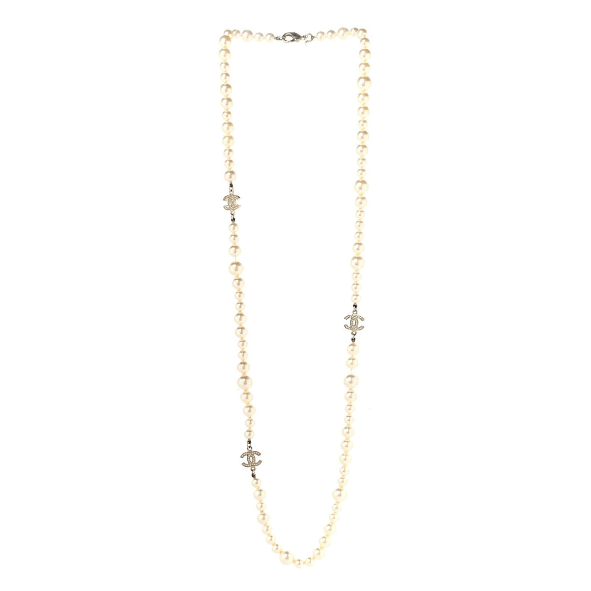 Crystal Pearl CC Long Necklace Gold