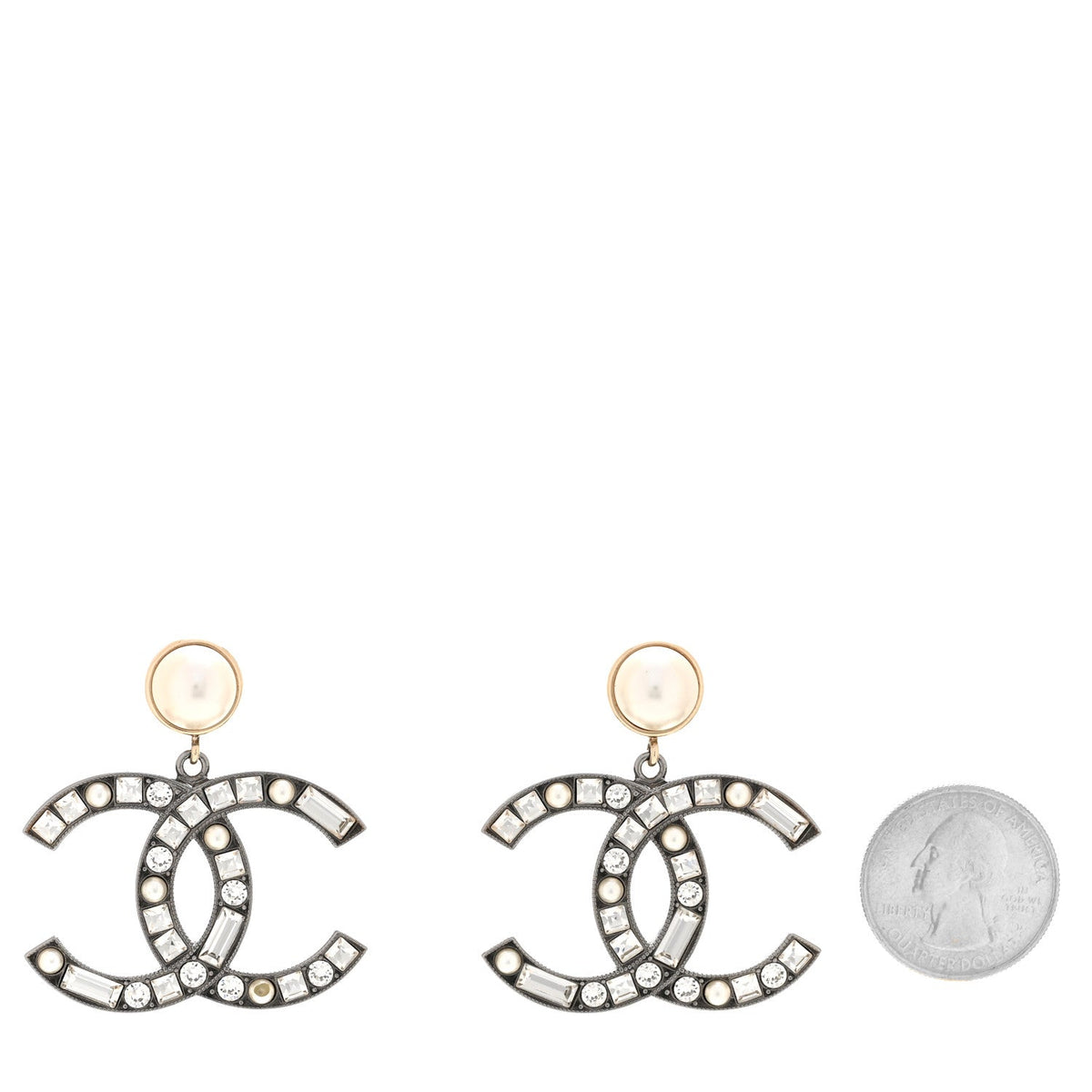 Crystal Pearl CC Drop Earrings Gold Silver