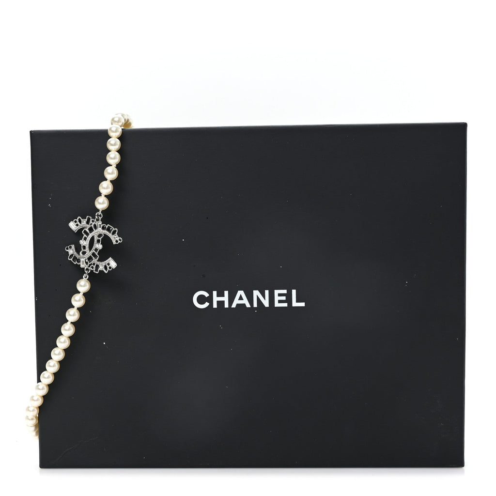Pearl Bead Crystal CC Long Necklace White Silver Black