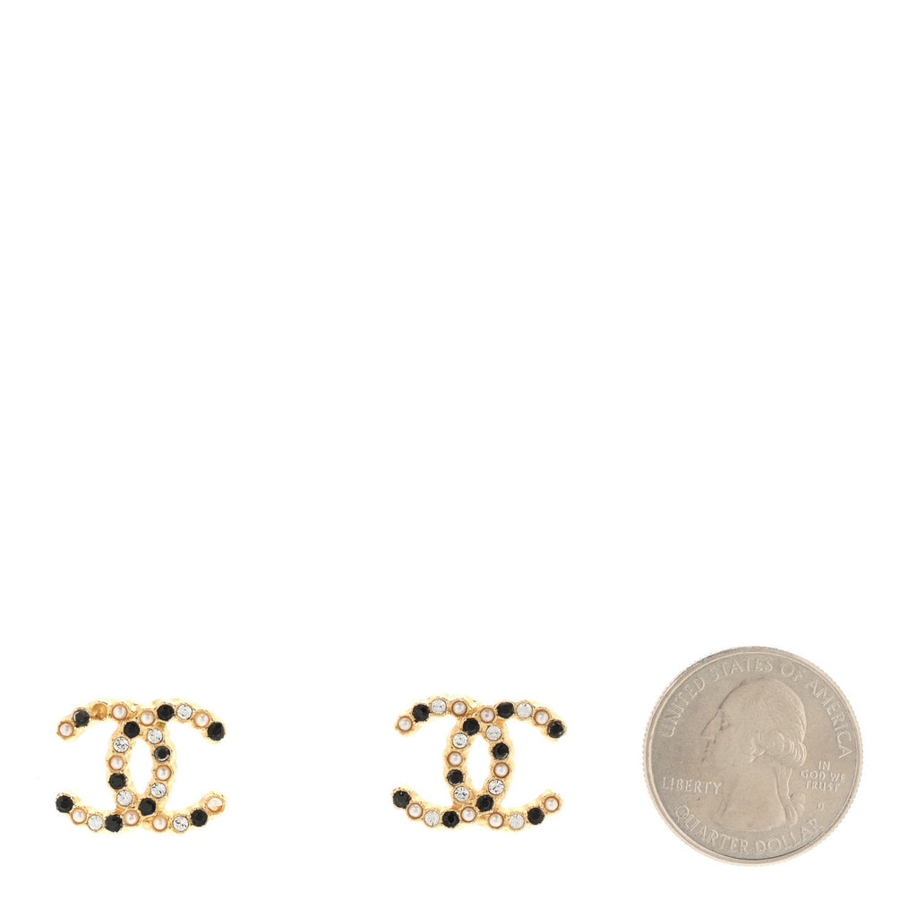 Resin Pearl Crystal CC Earrings Gold Black