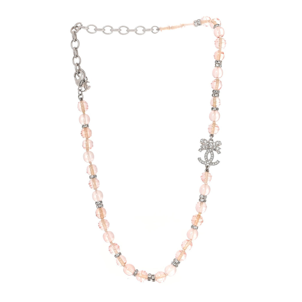 Metal Glass Strass Beaded CC Bow Necklace Silver Pink