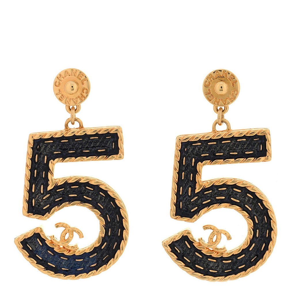 Metal Enamel CC No 5 Rope Drop Earrings Gold Denim Blue