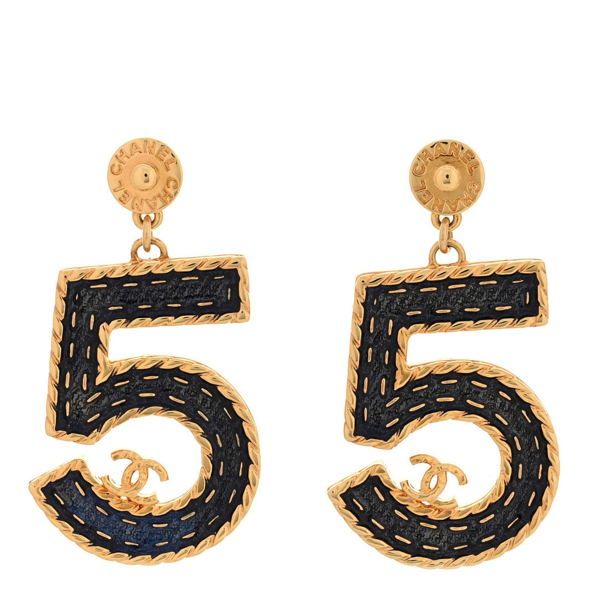 Metal Enamel CC No 5 Rope Drop Earrings Gold Denim Blue