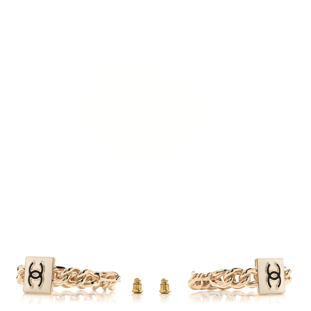 Metal Enamel CC Chain Hoop Earrings Gold Black White Gold Black