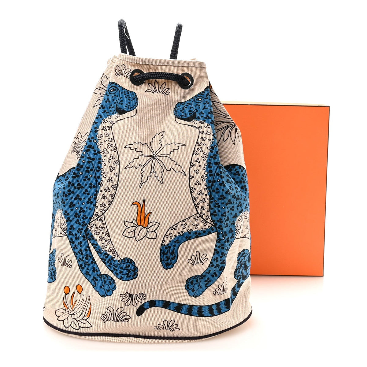 Cotton Canvas Les Leopards Tote Bag Bleu Sable